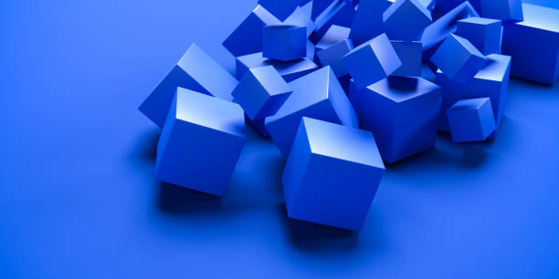 istock Abstract image of differently sized blue cubes falling onto a blue background. Web banner format 1376319887