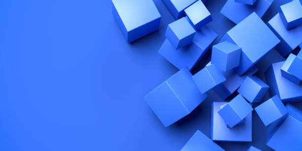 istock Abstract image of differently sized blue cubes falling onto a blue background. High angle view - Web banner format 1376320395