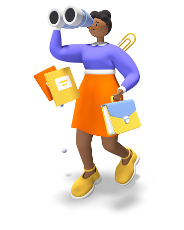 Think about the future - modern colorful 3D illustration with cartoon character. Cheerful African American girl stares through binoculars, holds briefcase in her hands and makes plans. Dreamer idea