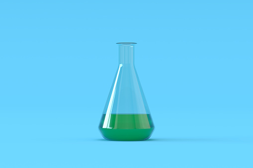 Laboratory equipment glass flask medical scientific chemical bottle 3d render.