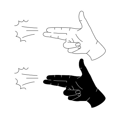 Finger gun gesture vector illustration. Bang-bang gesture. Sketch drawing in linear and black style. Winning expression, easy snap human fingers clicking.