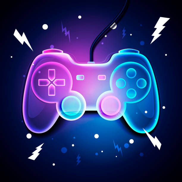 ilustrações, clipart, desenhos animados e ícones de controlador de jogo de cores neon retrô. design gamer futurista - game controller