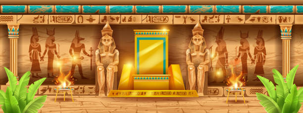 istock Egypt temple background, vector ancient pharaoh pyramid wall, gold throne, gods mural silhouette. 1376345926