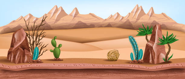 wild west vector background, western desert landscape, brown cracked canyon rocks, mountain, hills. - cactus stone scenics western europe imagens e fotografias de stock