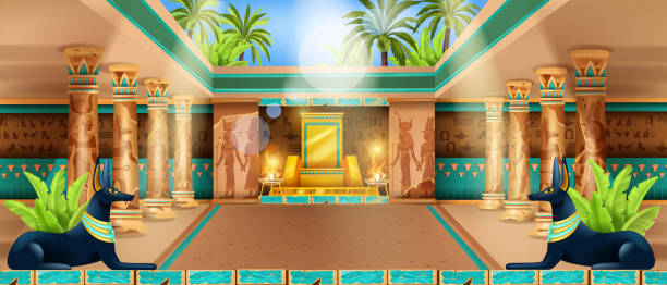 istock Egypt temple interior, vector Egyptian ancient palace background, pyramid tomb, stone column, throne. 1376345945