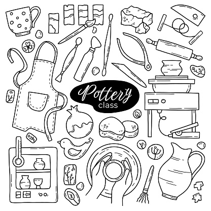 Pottery class and ceramics workshop vector set of doodle linear icons. Wheel, clay, pots, kiln, apron and handmade tools.
