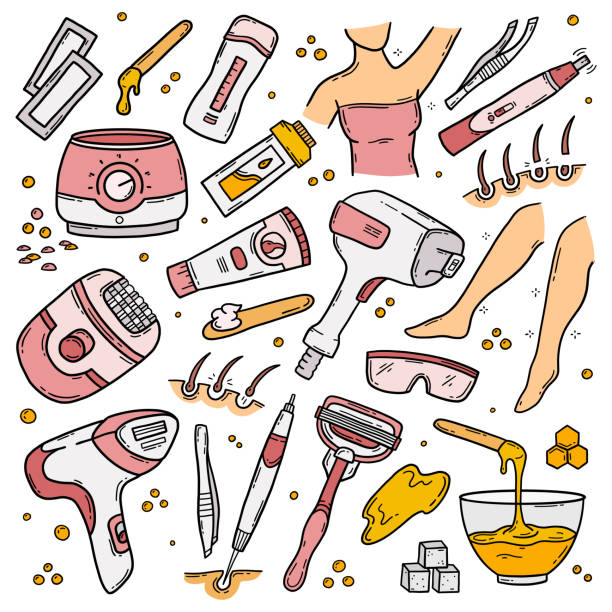 ilustrações de stock, clip art, desenhos animados e ícones de epilation, depilation and methods of body hair removal, vector set - waxing