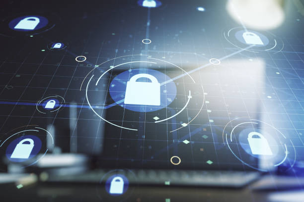 istock Creative idea concept with lock symbol and microcircuit illustration on modern laptop background. Protection and firewall concept. Multiexposure 1376360671