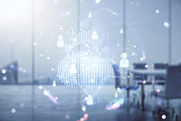 istock Virtual social network hologram and world map on a modern conference room background. Multiexposure 1376366083