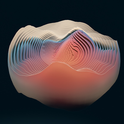 Abstract, organic, multi-layered spherical shape floating in dark space. 3D digital render