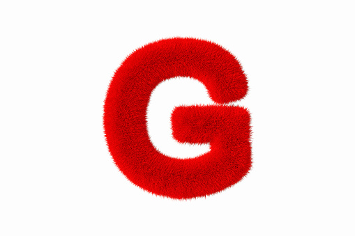 Letter G with red fluffy hairy fur uppercase white background