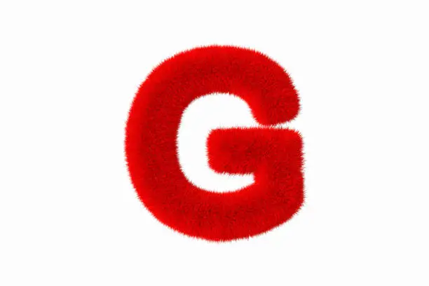 3d rendering of letter G with red fluffy hairy fur uppercase alphabet white background