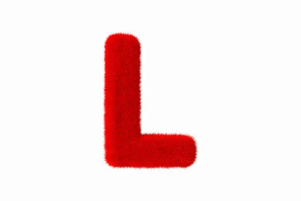 3d rendering of letter L with red fluffy hairy fur uppercase alphabet white background