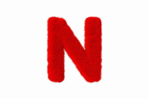 3d rendering of letter N with red fluffy hairy fur uppercase alphabet white background