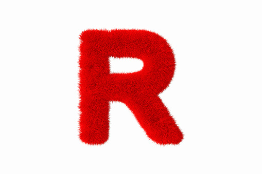 Letter R with red fluffy hairy fur uppercase white background