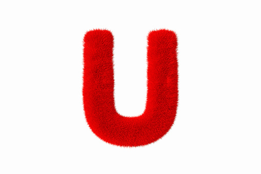 Letter U with red fluffy hairy fur uppercase white background