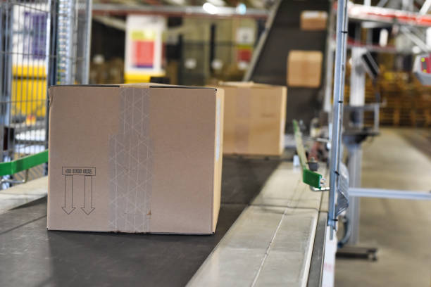istock Cardboard boxes on conveyor belt at distribution warehouse 1376404651