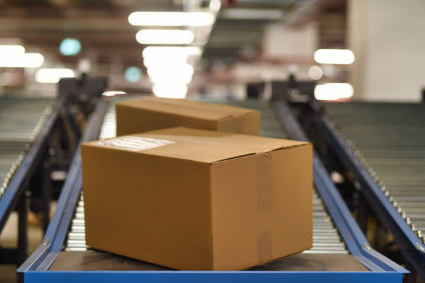 istock Cardboard boxes on conveyor belt at distribution warehouse 1376404737