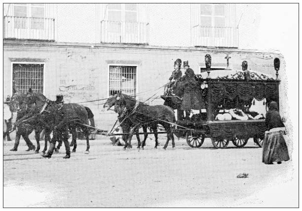 Antique travel photographs of Mexico: Mexico City, Funeral car Antique travel photographs of Mexico: Mexico City, Funeral car funeral procession stock illustrations