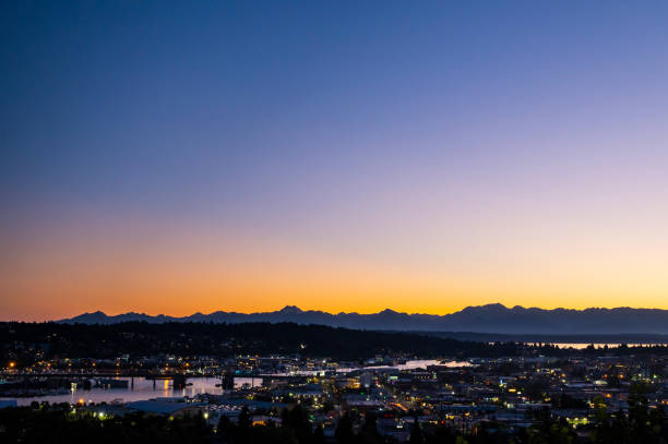Sunset over the Olympic Mountains and Ballard in Seattle in Seattle, Washington, United States