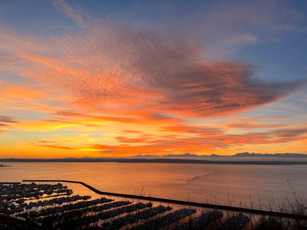 Sunset over the Olympic Mountains and Puget Sound in Seattle Sunset over the Olympic Mountains and Puget Sound in Seattle in Seattle, Washington, United States ballard-seattle stock pictures, royalty-free photos & images