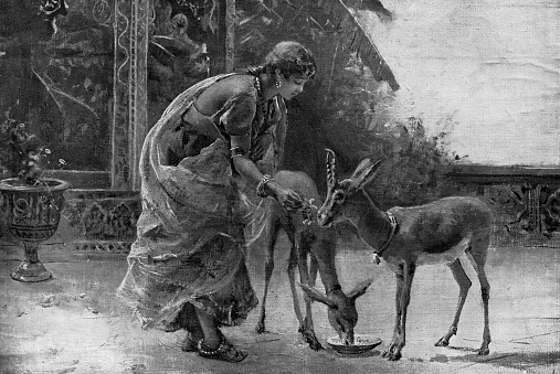 “Lalla Rookh” Hinda longs for her home from the poem The Fire Worshippers by Thomas Moore, painting by Edwin Lord Weeks (circa 19th century). Vintage etching circa late 19th century.