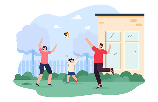 Family playing volleyball outdoor flat vector illustration. Happy mother, father and daughter spending time together near house, playing with ball in backyard. Healthy lifestyle, sport concept