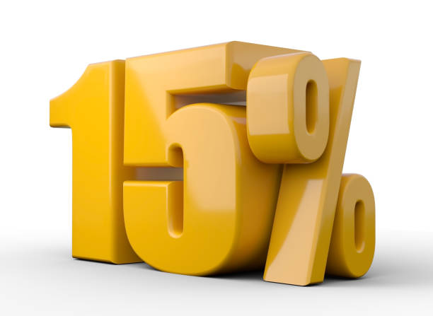 15% 3d illustration. orange fifteen percent special offer on white background - costless imagens e fotografias de stock