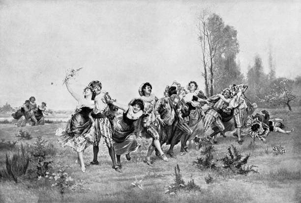 Revellers/Farandole of Dancers, Painting by Émile Bayard - 19th Century “Revellers” or “ Farandole of Dancers”, painting by Émile Bayard (circa 19th century). Vintage etching circa late 19th century. line dance stock illustrations