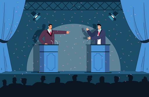 Men taking part in public debate flat vector illustration. Politicians in official suits having dispute or controversy in front of audience on stage, standing at rostrum. Politics concept