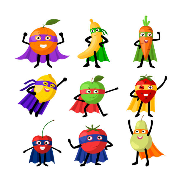 Cute superhero fruits characters cartoon illustration set Cute superhero fruits characters cartoon illustration set. Banana, pear, strawberry, apple and carrot in masks with comic faces expressing various emotions. Healthy food concept perfect pear stock illustrations