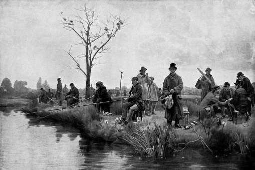 A Pegged Down Fishing Match, painting by Walter Dendy Sadler (circa 19th century). Vintage etching circa late 19th century.