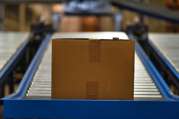 istock Cardboard boxes on conveyor belt at distribution warehouse 1376452187