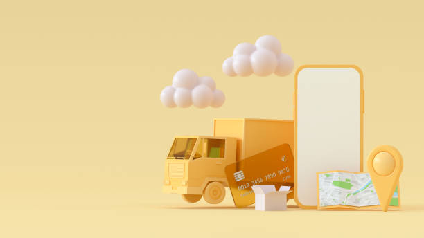 istock Online shopping, delivery, supply chain, blank screen smart phone, transportation, mobile application, e-commerce 1376452228