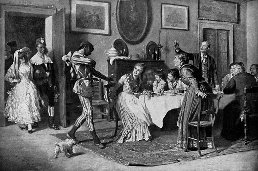 “A Masquerade Visit” or “The Happy Toast”, painting by Eugen von Blaas (circa 19th century). Vintage etching circa late 19th century.