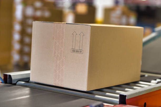 istock Cardboard boxes on conveyor belt at distribution warehouse 1376454816