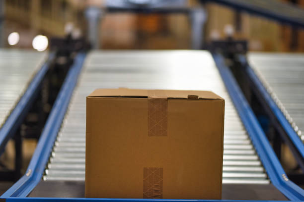istock Cardboard boxes on conveyor belt at distribution warehouse 1376468056