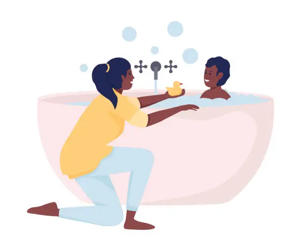 Vector illustration of Mother bathing her son semi flat color vector characters