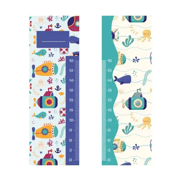 Vector illustration of Set of Kids height chart. Kids height chart on the theme of the sea in cartoon style. Childish meter wall for nursery design. Great for girl and boy. Hand-drawn. Vector illustration.