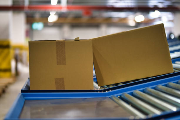 istock Cardboard boxes on conveyor belt at distribution warehouse 1376473415