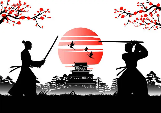 Vector illustration of Japanese art with ancient design of samurai training sword near emperor castle