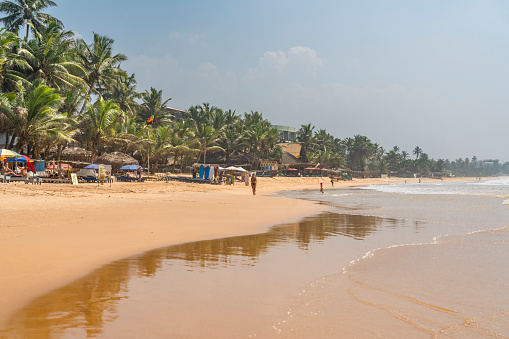 Palolem Beach, Goa, India - November, 28 2022: Stock photo showing row of beach hut shacks under tropical coconut palm trees on Palolem Beach, Goa, India. Sunbathers on holiday vacation sun loungers, holidaymakers swimming in sea, kayaks, canoes, fishing boats and parasol umbrellas.