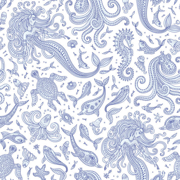 illustrations, cliparts, dessins animés et icônes de sirène 2 sans couture bleu cont bleu remplissage sur blanc correct - backgrounds paisley pattern sea