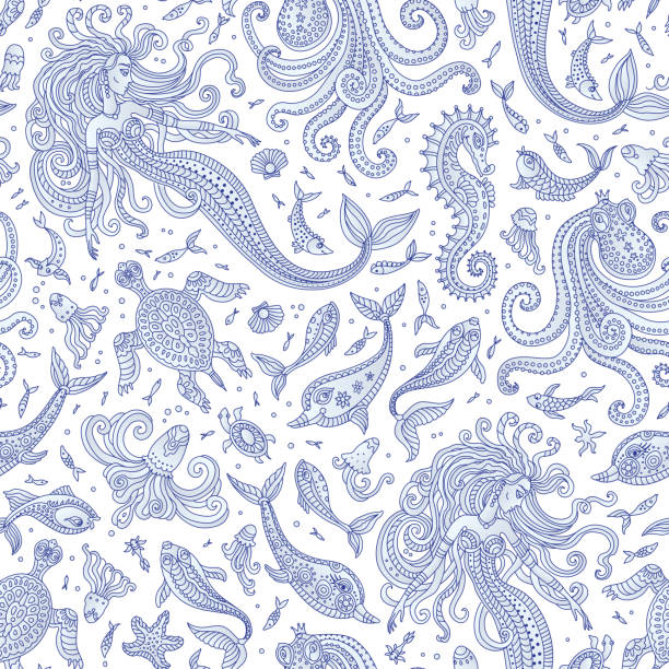 mermaid 2 seamless blue cont blue fill on white correct Vector seamless nautical fairy tale pattern. Fantasy mermaid, octopus, fish, sea animals blue silhouette with ornaments isolated on a white background. Batik, wallpaper, textile print, wrapping paper decoupage stock illustrations