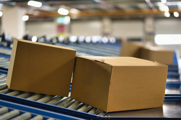 istock Cardboard boxes on conveyor belt at distribution warehouse 1376488861