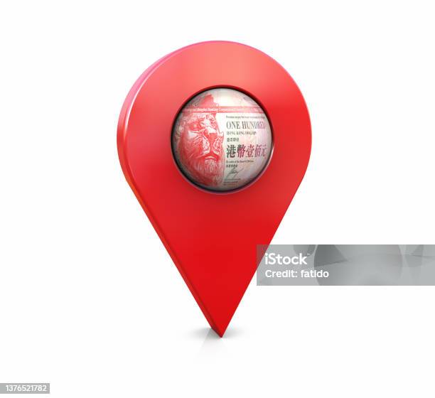 Map Pointer With Hk Dollar Banknote Stock Photo - Download Image Now - Map, Advice, Aiming