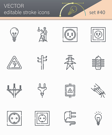 Vector power supply and electricity editable line icon set isolated on transparent background.