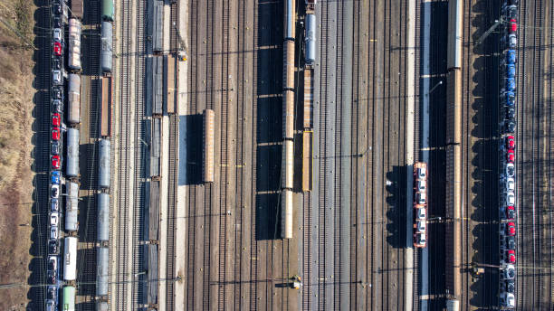 istock Railyard, shunting yard and freight trains - aerial view 1376528348