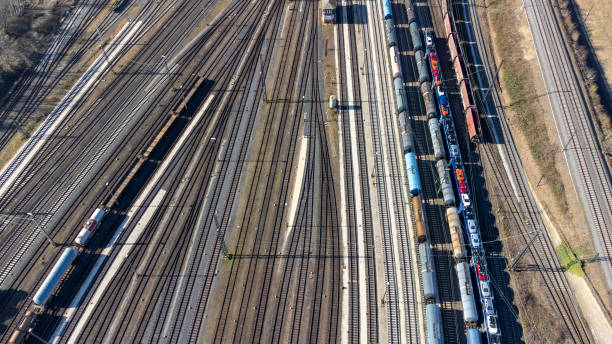 istock Railyard, shunting yard and freight trains - aerial view 1376528363