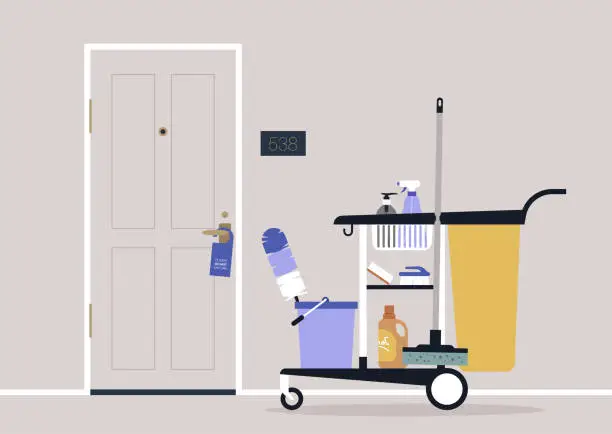 Vector illustration of A hotel room service cart with cleaning tools and detergents, a mop, a feather duster, and washing chemical liquids in bottles